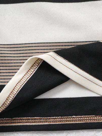 SHEIN مجموعة قميص كم قصير مخطط وشورت خصر مطاطي بني فاتح للأطفال الصغار 2 قطعة