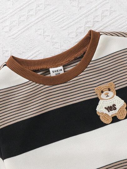 SHEIN مجموعة قميص كم قصير مخطط وشورت خصر مطاطي بني فاتح للأطفال الصغار 2 قطعة