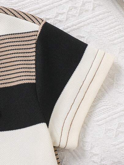 SHEIN مجموعة قميص كم قصير مخطط وشورت خصر مطاطي بني فاتح للأطفال الصغار 2 قطعة