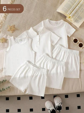 SHEIN 6 قطع طقم ملابس علوية وشورت للأطفال الصبيان بألوان سادة مريحة