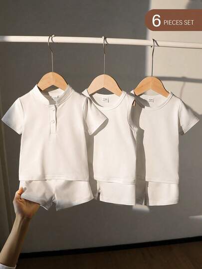 SHEIN 6 قطع طقم ملابس علوية وشورت للأطفال الصبيان بألوان سادة مريحة