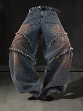 Manfinity Denimwave جينز واسع الساق مغسول فضفاض متعدد الطبقات مع شراريب بتصميم أمريكي كلاسيكي