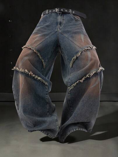 Manfinity Denimwave جينز واسع الساق مغسول فضفاض متعدد الطبقات مع شراريب بتصميم أمريكي كلاسيكي
