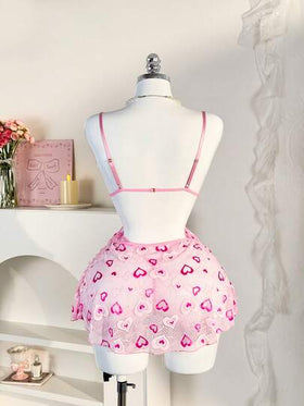 PetitDoll مجموعة قميص نوم وكامسول ظهر مكشوف بشكل قلب وردي لعيد الحب، قطعتان