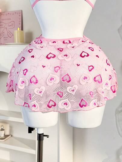 PetitDoll مجموعة قميص نوم وكامسول ظهر مكشوف بشكل قلب وردي لعيد الحب، قطعتان