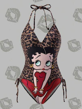 Betty Boop x SHEIN بدلة سباحة قطعة واحدة مع رسم كرتوني بنمط نمر على الصدر