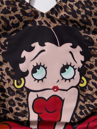 Betty Boop x SHEIN بدلة سباحة قطعة واحدة مع رسم كرتوني بنمط نمر على الصدر