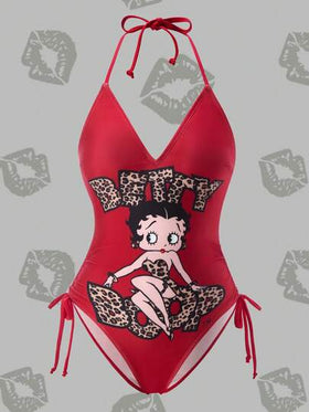 Betty Boop x SHEIN بدلة سباحة قطعة واحدة للنساء في الصيف، بتصميم رسومات حرفية وشخصيات كرتونية بنمط النمر، مع رباط وطيات جانبية