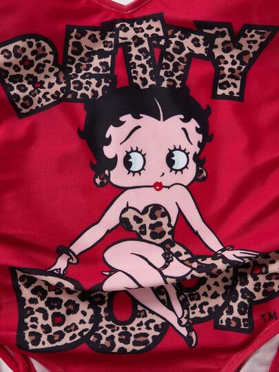 Betty Boop x SHEIN بدلة سباحة قطعة واحدة للنساء في الصيف، بتصميم رسومات حرفية وشخصيات كرتونية بنمط النمر، مع رباط وطيات جانبية