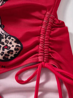 Betty Boop x SHEIN بدلة سباحة قطعة واحدة للنساء في الصيف، بتصميم رسومات حرفية وشخصيات كرتونية بنمط النمر، مع رباط وطيات جانبية