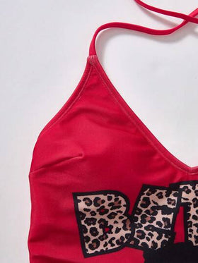 Betty Boop x SHEIN بدلة سباحة قطعة واحدة للنساء في الصيف، بتصميم رسومات حرفية وشخصيات كرتونية بنمط النمر، مع رباط وطيات جانبية
