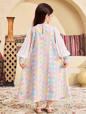 SHEIN فستان بأكمام منتفخة وقصة A-line بطبعة هندسية فضفاض للفتاة الصغيرة، فستان طويل بطراز العطلات