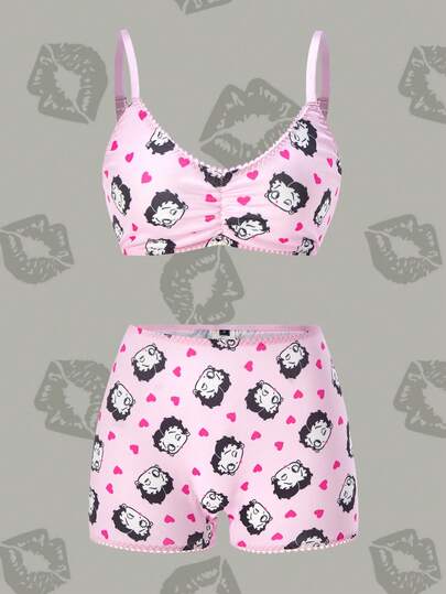 Betty Boop x SHEIN طقم سلكي مريح ناعم مطبوع بالكامل من الصدرية والسروال للنساء