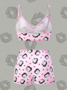 Betty Boop x SHEIN طقم سلكي مريح ناعم مطبوع بالكامل من الصدرية والسروال للنساء