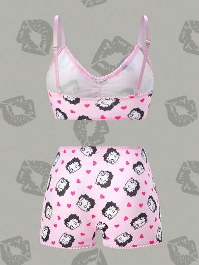 Betty Boop x SHEIN طقم سلكي مريح ناعم مطبوع بالكامل من الصدرية والسروال للنساء
