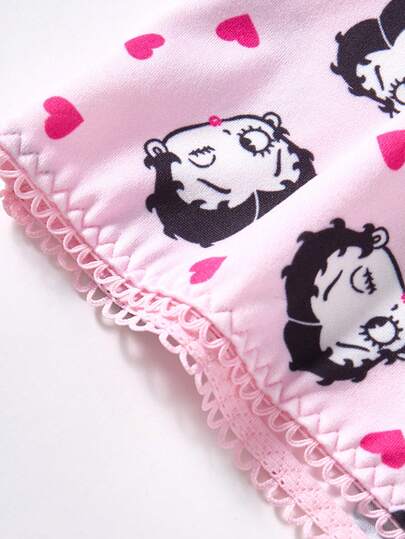 Betty Boop x SHEIN طقم سلكي مريح ناعم مطبوع بالكامل من الصدرية والسروال للنساء