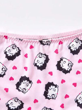 Betty Boop x SHEIN طقم سلكي مريح ناعم مطبوع بالكامل من الصدرية والسروال للنساء