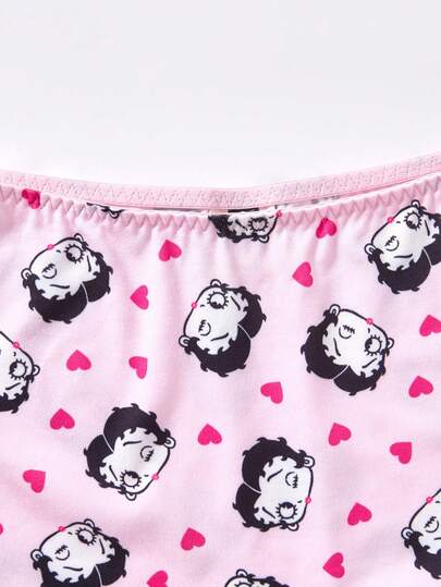 Betty Boop x SHEIN طقم سلكي مريح ناعم مطبوع بالكامل من الصدرية والسروال للنساء