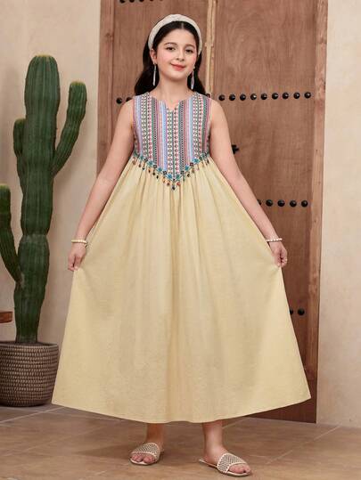 SHEIN رمضان فستان بناتي مراهقة فضفاض كاجوال بسيط مريح بياقة دائرية بتصميم رقعي بألوان متباينة بدون أكمام