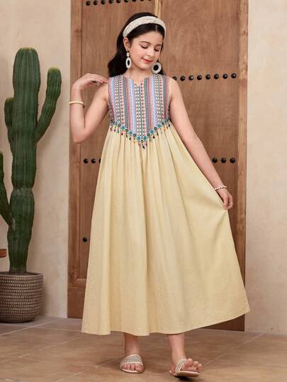 SHEIN رمضان فستان بناتي مراهقة فضفاض كاجوال بسيط مريح بياقة دائرية بتصميم رقعي بألوان متباينة بدون أكمام