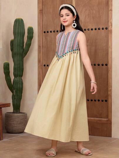 SHEIN رمضان فستان بناتي مراهقة فضفاض كاجوال بسيط مريح بياقة دائرية بتصميم رقعي بألوان متباينة بدون أكمام