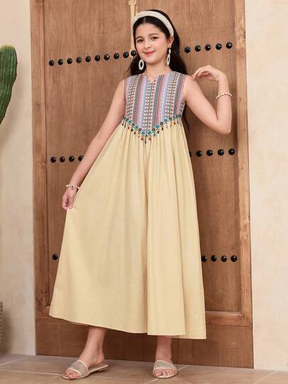 SHEIN رمضان فستان بناتي مراهقة فضفاض كاجوال بسيط مريح بياقة دائرية بتصميم رقعي بألوان متباينة بدون أكمام