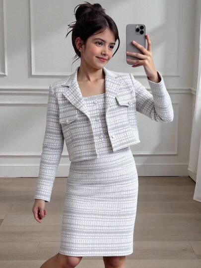 SHEIN رمضان بدلة فتيات مكونة من 2 قطعة: بلوزر قصير أنيق من التويد + فستان مناسب بدون أكمام، طقم أنيق للربيع والخريف