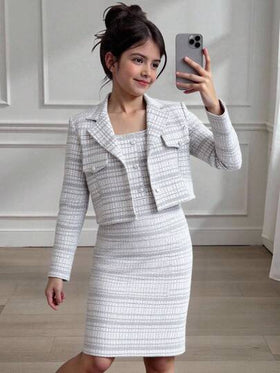 SHEIN رمضان بدلة فتيات مكونة من 2 قطعة: بلوزر قصير أنيق من التويد + فستان مناسب بدون أكمام، طقم أنيق للربيع والخريف