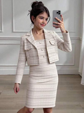 SHEIN رمضان بدلة فتاة مكونة من 2 قطعة: بلوزر قصير أنيق من التويد + فستان مناسب بدون أكمام، طقم أنيق للربيع والخريف