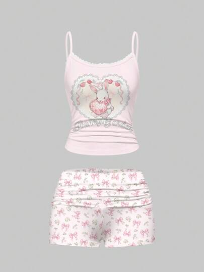 ROMWE Kawaii طقم بيجامة مكون من قميص كامل الطباعة بالأرانب والفراشات والزهور والشورت المجعد، ملابس منزلية كاجوال