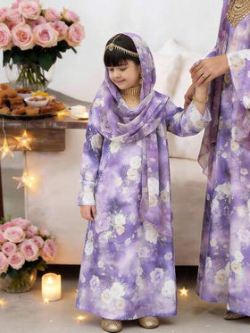SHEIN فستان كاجوال بياقة على شكل حرف V مع وشاح مزخرف بنقشة الأزهار الصغيرة للفتيات الصغيرات