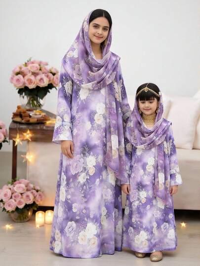 SHEIN فستان كاجوال بياقة على شكل حرف V مع وشاح مزخرف بنقشة الأزهار الصغيرة للفتيات الصغيرات
