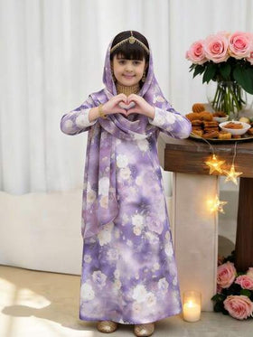 SHEIN فستان كاجوال بياقة على شكل حرف V مع وشاح مزخرف بنقشة الأزهار الصغيرة للفتيات الصغيرات