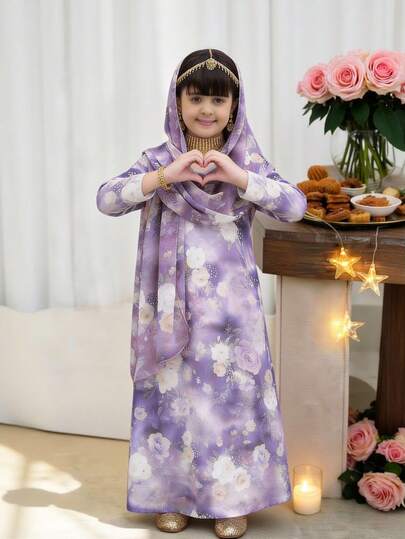 SHEIN فستان كاجوال بياقة على شكل حرف V مع وشاح مزخرف بنقشة الأزهار الصغيرة للفتيات الصغيرات