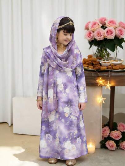 SHEIN فستان كاجوال بياقة على شكل حرف V مع وشاح مزخرف بنقشة الأزهار الصغيرة للفتيات الصغيرات