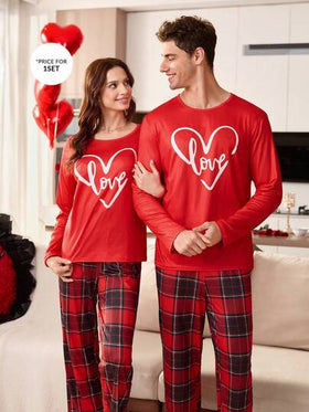 CoupledUp مجموعة بيجامة مربعات قلب للرجال 2 قطعة، ملابس منزلية للأزواج