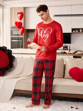 CoupledUp مجموعة بيجامة مربعات قلب للرجال 2 قطعة، ملابس منزلية للأزواج