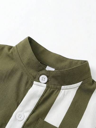 SHEIN Playful Pals بدلة صيفية للأطفال الصبيان تتكون من قميص أبيض بياقة عالية وأكمام قصيرة مع شورت كاجوال بسيط، مناسبة للعطلات والسفر والتجمعات والحفلات