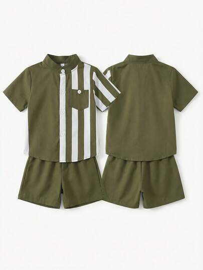 SHEIN Playful Pals بدلة صيفية للأطفال الصبيان تتكون من قميص أبيض بياقة عالية وأكمام قصيرة مع شورت كاجوال بسيط، مناسبة للعطلات والسفر والتجمعات والحفلات