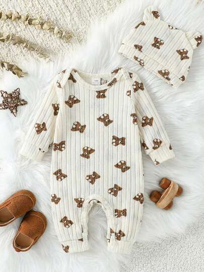 SHEIN طقم رومبير طويلة الأكمام مطبوعة بالدب مع قبعة أذن الدب ثلاثية الأبعاد للأطفال الصغار