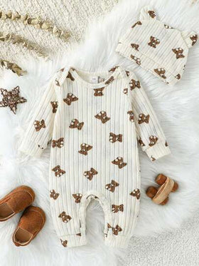 SHEIN طقم رومبير طويلة الأكمام مطبوعة بالدب مع قبعة أذن الدب ثلاثية الأبعاد للأطفال الصغار