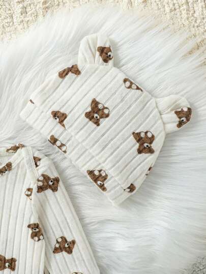 SHEIN طقم رومبير طويلة الأكمام مطبوعة بالدب مع قبعة أذن الدب ثلاثية الأبعاد للأطفال الصغار