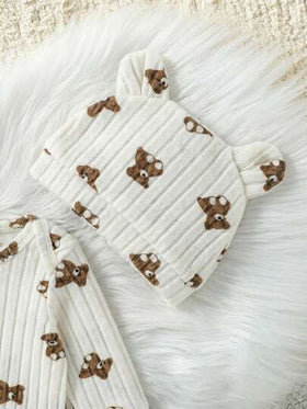 SHEIN طقم رومبير طويلة الأكمام مطبوعة بالدب مع قبعة أذن الدب ثلاثية الأبعاد للأطفال الصغار