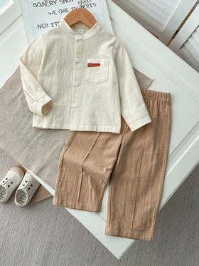 SHEIN Playful Pals مجموعة قميص كتان قطني طويل الأكمام مع طوق وبنطال قطني كتاني مرن للأطفال الرضع والصغار، مناسبة للذهاب إلى المدرسة والرحلات والمناسبات الرسمية والعادية، مقاس من 6 أشهر إلى 3 سنوات