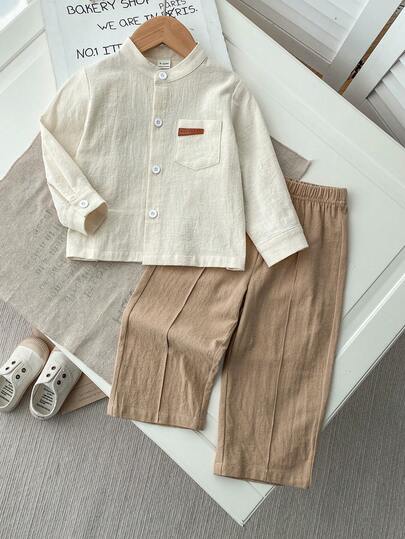 SHEIN Playful Pals مجموعة قميص كتان قطني طويل الأكمام مع طوق وبنطال قطني كتاني مرن للأطفال الرضع والصغار، مناسبة للذهاب إلى المدرسة والرحلات والمناسبات الرسمية والعادية، مقاس من 6 أشهر إلى 3 سنوات