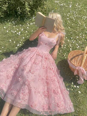 SHEIN MOD فستان أنيق للنساء بأربطة على الكتف وتطريز، وردي
