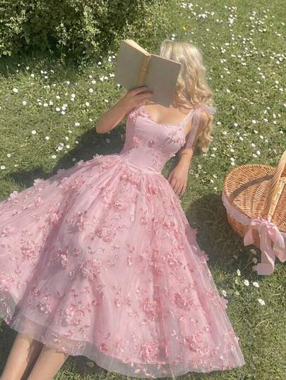 SHEIN MOD فستان أنيق للنساء بأربطة على الكتف وتطريز، وردي