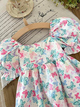 LMoss Kids فستان مطرز بياقة مربعة مناسب للفتاة الصغيرة مصنوع من شبكة منسوجة