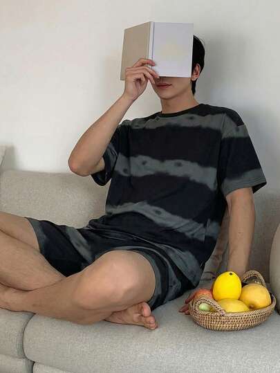 DAZY بيجامة رجالية مكونة من قميص كم قصير مخطط وشورت، صيفية