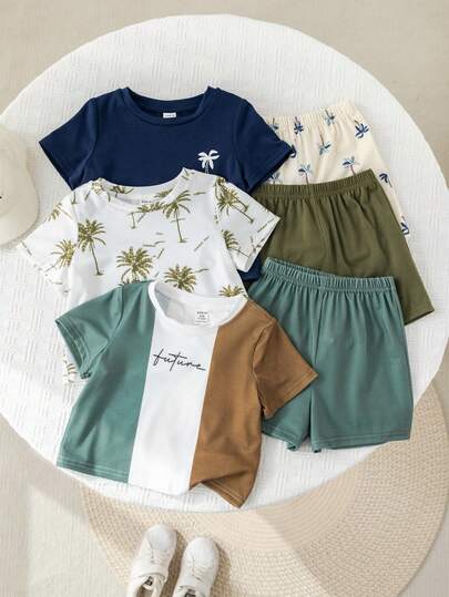 SHEIN 6 قطعة/مجموعة ملابس أطفال رضع بنين/بنات كاجوال للعطلات، مجموعة تي شيرت بأكمام قصيرة مزين بأشكال أشجار جوز الهند الملونة، مع ملابس علوية بأكمام قصيرة وشورت، طقم ملابس متعدد القطع، ملابس أطفال بنين للربيع/الصيف